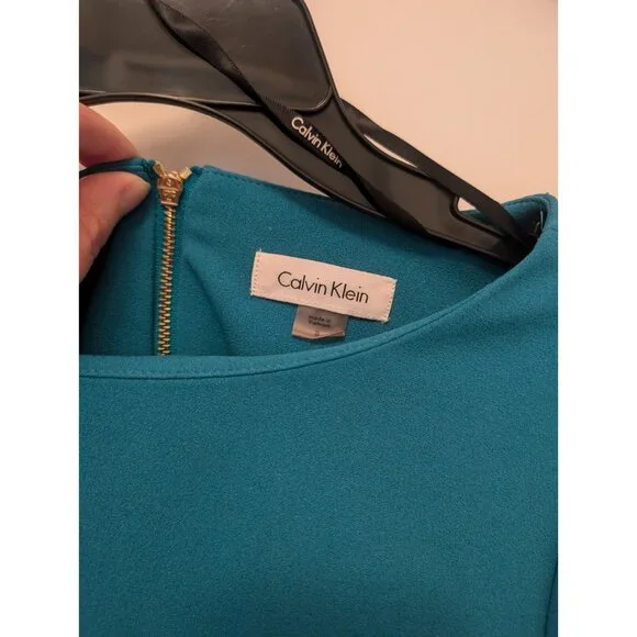Calvin Klein, Blue/Teal Back Zip Sheath Dress with Bell Sleeves, Size 8 - Picture 2 of 8